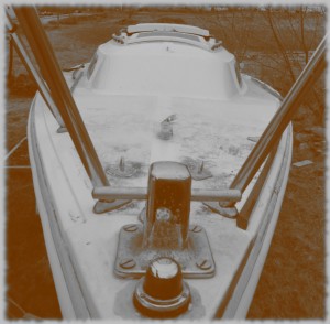 View of the boat from the bow. Needs the mildew cleaned off, but most of the topside hardware is installed