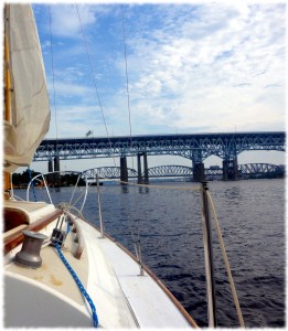 The view from my anchorage - don't mind the mess of the mainsail.