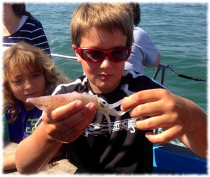 Will showing off one of the squids found while trawling in Long Island Sound with Project Oceanology.