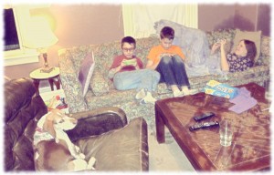 Will, Ben, Susanna and Tucker enjoying a bit of Minecraft after our pizza/movie night.