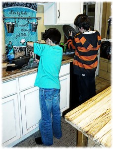 Will and Ben actually washing the dishes after pizza/movie night. Sometimes it is possible to get them to work together. But not too often.