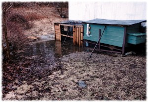 The stream behind the barn flooding out the bottom of the chicken coop.