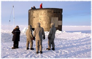 Waiting for the hatch to be cleared of ice before going onboard the submarine for testing under the ice.