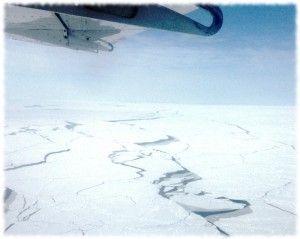 A view of the broken ice from our flight back to Prudhoe Bay