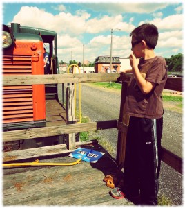 Ben enjoying our ride on the flat car.