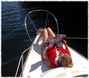 Susanna enjoying the sun at our first anchorage.