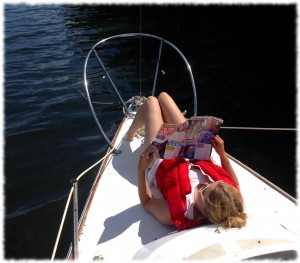 Susanna enjoying the sun at our first anchorage.