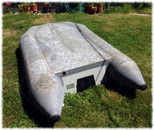 Dinghy underside after washing and sanding. Next step was to clean with a solvent.