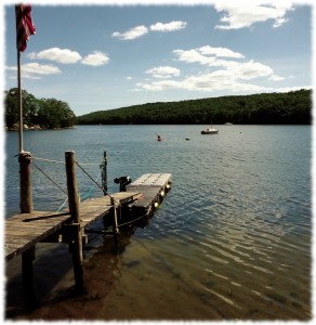 A picture of the boat on its mooring in the Niantic River.