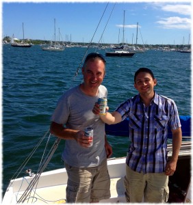 Adrian and I enjoying a beer after a long journey to Block Island, RI.