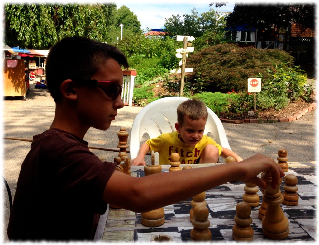 Wednesday was a quiet day. We took a trip in the afternoon to the Book Barn in Niantic to get some reading material for the boys. Here is Chase watching Ben play chess against Brady.