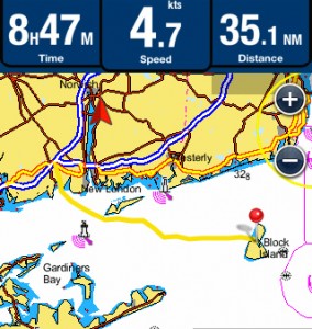 A summary of our track to Block Island, RI from Niantic River, CT