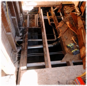 Picture of the joists with the subfloor removed.  I sistered the joist in the center, and repaired the mess on the left side.