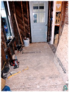 mud room with new subfloor installed.