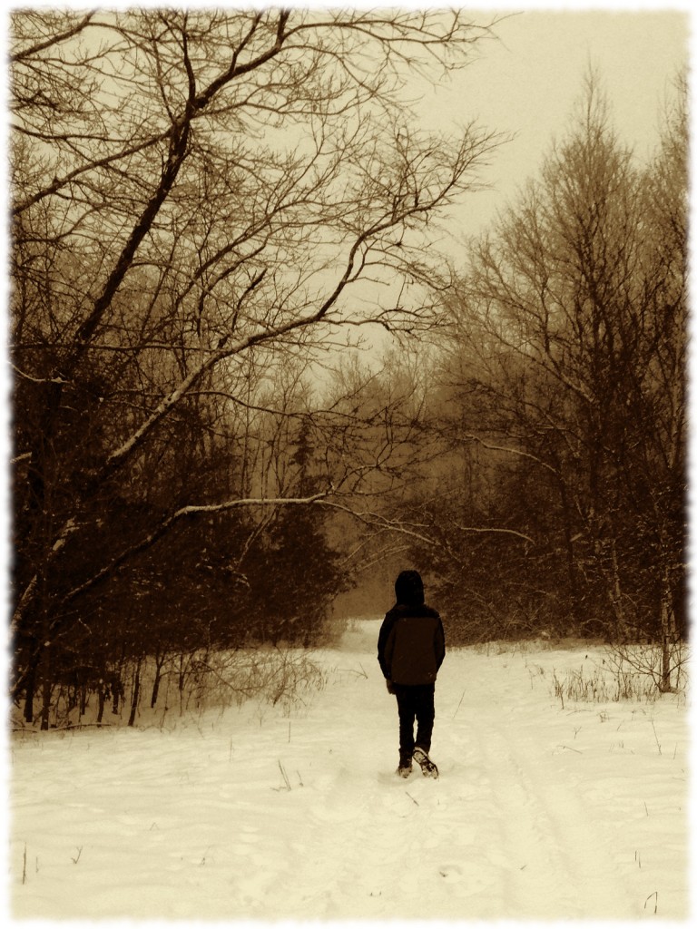Will walking ahead in the falling snow this morning.