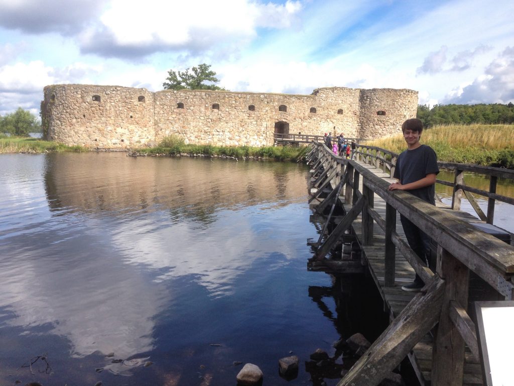 Will on the walkway to Kronobergs slott near Växjö in Småland, Sweden. The ruins are located on an island in lake Helgasjön,  Will, Susanna and I went to the ruins while Ben went fishing with Dan.